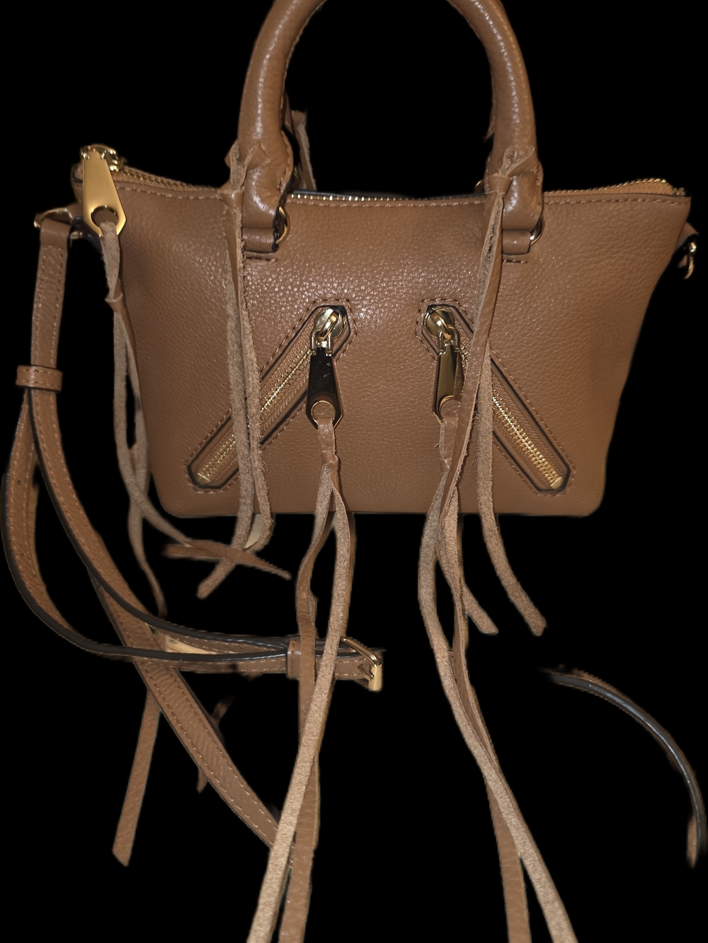 Rebecca Minkoff Carmel Brown Leather & Gold Micro Moto Satchel Crossbody Purse